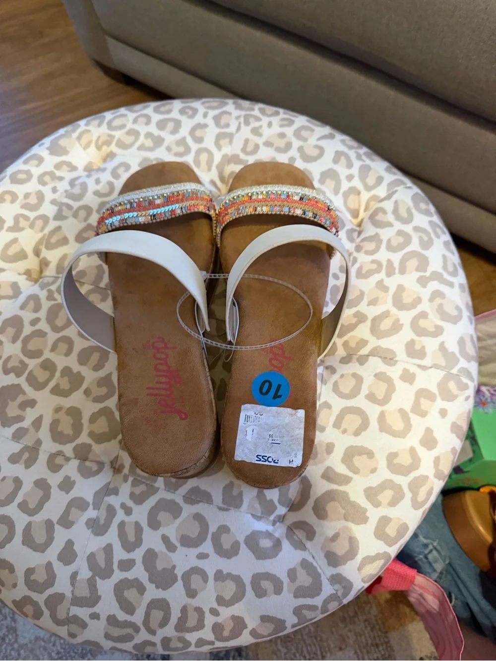 Jellypop Cream Slide Sandals with Multicolor Beaded Toe Strap